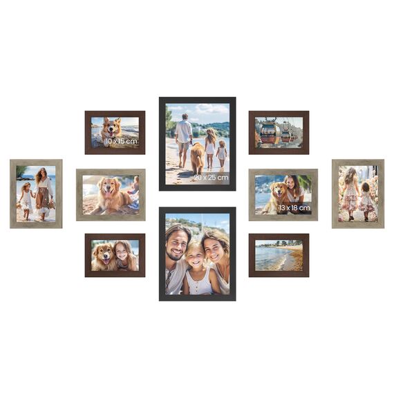 SONGMICS Bilderrahmen 10er Set, für 2 Fotos in 20 x 25 cm, 4 Fotos in 13 x 18 cm, 4 Fotos in 10 x 15 cm, Kunststoffscheibe, MDF, rotbraun, greige meliert, aschschwarz RPF310K03