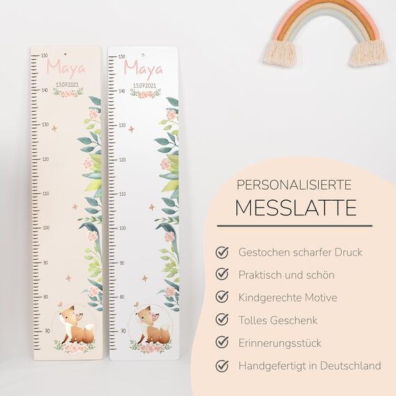 Kidsmood - Personalisierte Messlatte Kinder aus Holz – Hochwertige Messleiste & Wand-Deko für Baby- & Kinderzimmer mit abenteuerlichem Fuchs – Tolles Taufgeschenk für Mädchen & Jungen - Skala 65-140cm