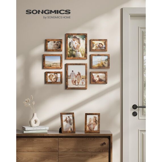 SONGMICS Bilderrahmen 10er Set, für 2 Fotos in 20 x 25 cm, 4 Fotos in 13 x 18 cm, 4 Fotos in 10 x 15 cm, Kunststoffscheibe, MDF, vintagebraun RPF310X01