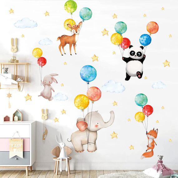 TOARTI 47 Stück Wandaufkleber Kinderzimmer Tiere, Aquarell Wandsticker Babyzimmer, Ballon Tier Wanddeko, DIY Fuchs Hase Deko für Junge Mädchen Schlafzimmer