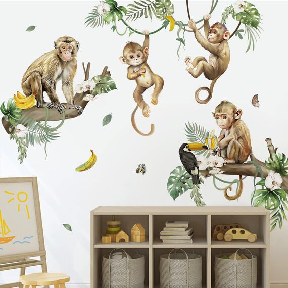 decalmile Wandtattoo Affen Dschungel Baum Zweig Wandsticker Dschungel Tiere Affe Reben Wandaufkleber Kinderzimmer Babyzimmer Wohnzimmer Wanddeko