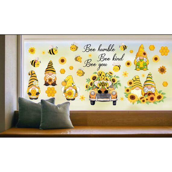 TOARTI Wandtattoos Gelb Bienen Fenster Dekoration Blumen,Biene Gnom Aufkleber,Fensterbilder Frühling Blumen,Fensteraufkleber Biene für Kinderzimmer Wohnzimmer