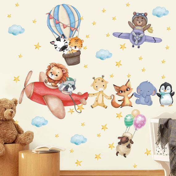 TOARTI Flugzeug Tier Wandtattoo Lichtfarbe Babyzimmer Wandsticker Mädchen Schlafzimmer Wanddeko Kinder Schlafzimmer Spielzimmer Wanddekoration DIY Löwe Elefant Tiere Wandaufkleber