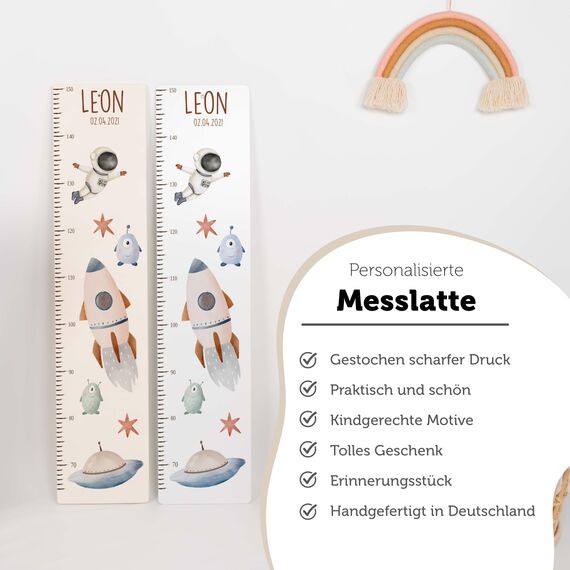 Kidsmood - Personalisierte Messlatte Kinder aus Aluverbund – Hochwertige Messleiste & Wand-Deko für Kinderzimmer mit abenteuerlichem Astronaut – Tolles Taufgeschenk für Mädchen & Jungen (65-140cm)