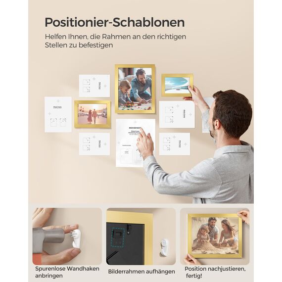 SONGMICS Bilderrahmen 10er Set, für 2 Fotos in 20 x 25 cm, 4 Fotos in 13 x 18 cm, 4 Fotos in 10 x 15 cm, Kunststoffscheibe, MDF, helles Gold RPF310A01