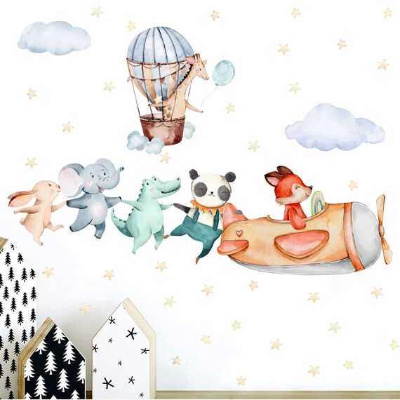 TOARTI Flugzeug Tier Wandtattoo,Lichtfarbe Babyzimmer Wandsticker,Wandaufkleber Kinderzimmer Tiere,104x30 cm (BxH),DIY Elefant Giraffe Panda Wandaufkleber für Junge Mädchen Schlafzimmer Wanddeko