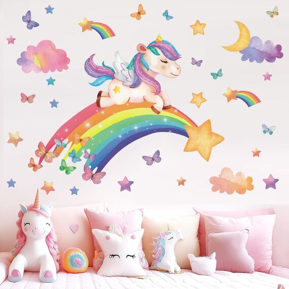 TOARTI Wandtattoo Mädchen Regenbogen Einhorn Wandaufkleber Schmetterlinge Wolken Wandsticker Babyzimmer Kinderzimmer Mädchen Schlafzimmer Wanddeko