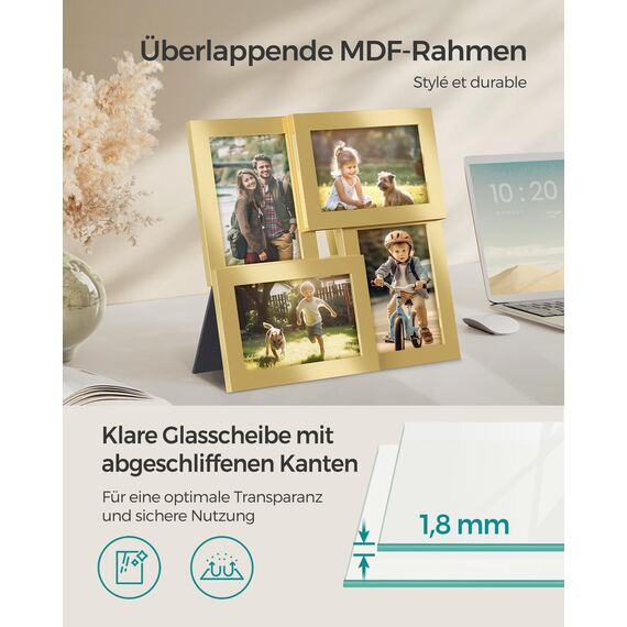SONGMICS Bilderrahmen-Collage, 4 Fotorahmen für 10 x 15 cm Bilder, Fotocollage, Wandcollage, Multi-Rahmen, Wanddeko, helles Gold RPF025A01