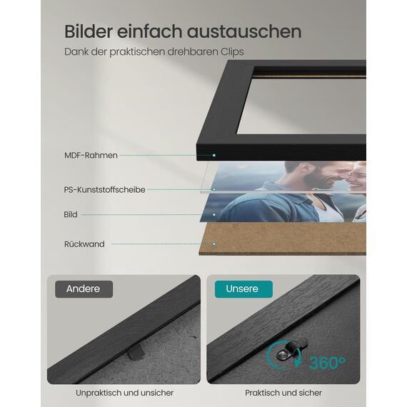 SONGMICS Bilderrahmen 10er Set, für 2 Fotos in 20 x 25 cm, 4 Fotos in 13 x 18 cm, 4 Fotos in 10 x 15 cm, Kunststoffscheibe, MDF, tintenschwarz RPF310H