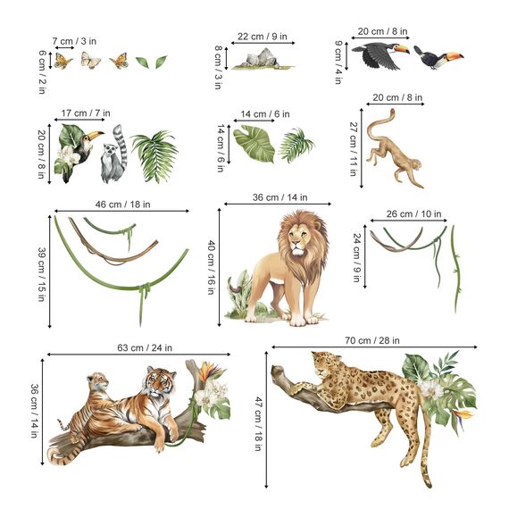 decalmile Wandtattoo Dschungel Tiere Baum Zweig Wandaufkleber Safari Löwe Leopard Tiger Wandsticker Kinderzimmer Babyzimmer Schlafzimmer Wanddeko (XXL)
