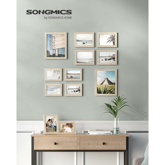 SONGMICS Bilderrahmen 10er Set, für 2 Fotos in 20 x 25 cm, 4 Fotos in 13 x 18 cm, 4 Fotos in 10 x 15 cm, Kunststoffscheibe, MDF, naturbeige RPF310N02