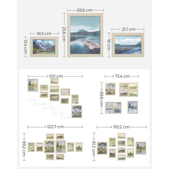 SONGMICS Bilderrahmen 10er Set, für 2 Fotos in 20 x 25 cm, 4 Fotos in 13 x 18 cm, 4 Fotos in 10 x 15 cm, Kunststoffscheibe, MDF, naturbeige RPF310N02
