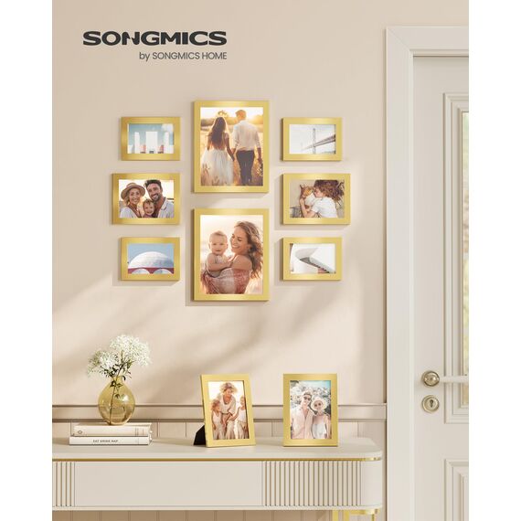 SONGMICS Bilderrahmen 10er Set, für 2 Fotos in 20 x 25 cm, 4 Fotos in 13 x 18 cm, 4 Fotos in 10 x 15 cm, Kunststoffscheibe, MDF, helles Gold RPF310A01