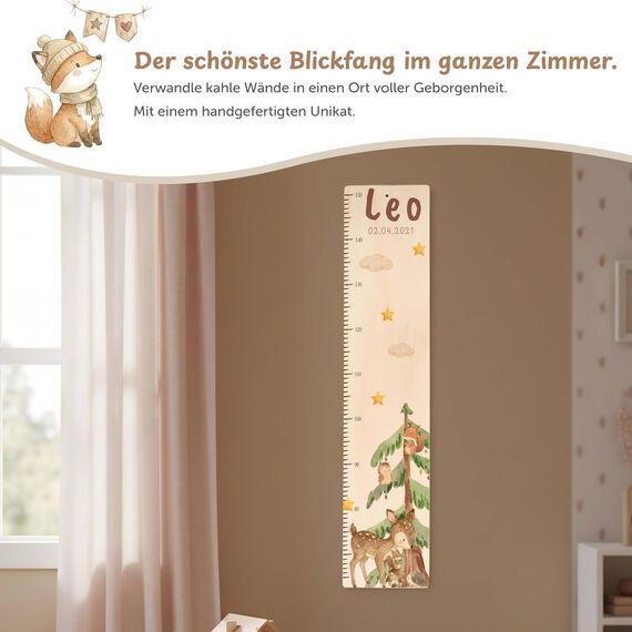 Kidsmood - Personalisierte Messlatte Kinder aus Aluverbund – Hochwertige Messleiste & Wand-Deko für Kinderzimmer mit liebevollem Reh im Wald – Tolles Taufgeschenk für Mädchen & Jungen (65-140cm)