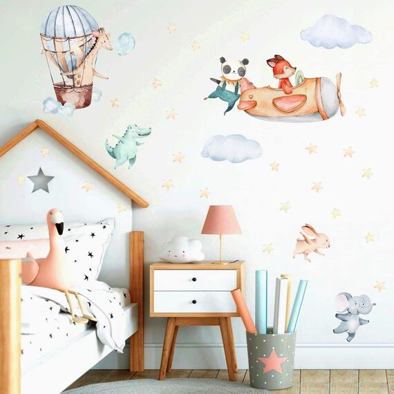 TOARTI Flugzeug Tier Wandtattoo,Lichtfarbe Babyzimmer Wandsticker,Wandaufkleber Kinderzimmer Tiere,104x30 cm (BxH),DIY Elefant Giraffe Panda Wandaufkleber für Junge Mädchen Schlafzimmer Wanddeko