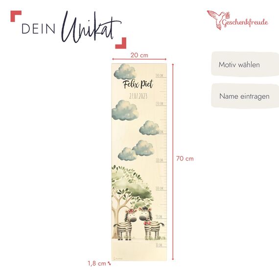 Geschenkfreude Messlatte Kinder personalisert 80-140cm - mit Zebra als Dekoration fürs Kinderzimmer - personalisierte Messlatte Kinder Holz - Geschenk zur Geburt Mädchen und Junge