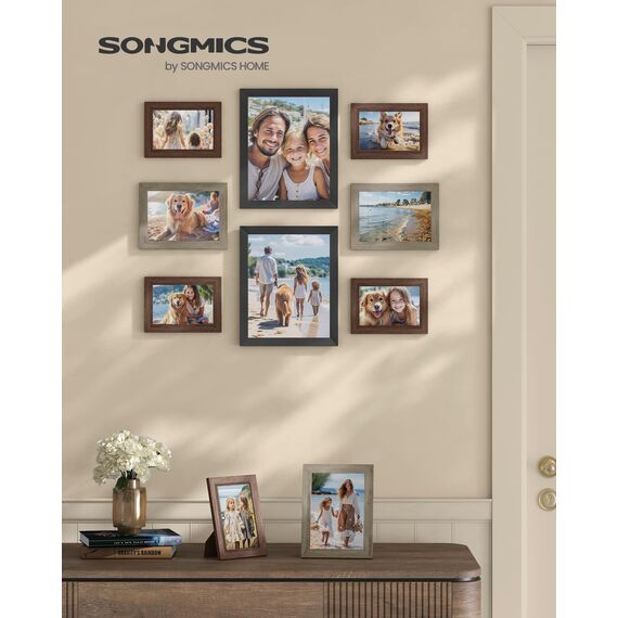 SONGMICS Bilderrahmen 10er Set, für 2 Fotos in 20 x 25 cm, 4 Fotos in 13 x 18 cm, 4 Fotos in 10 x 15 cm, Kunststoffscheibe, MDF, rotbraun, greige meliert, aschschwarz RPF310K03