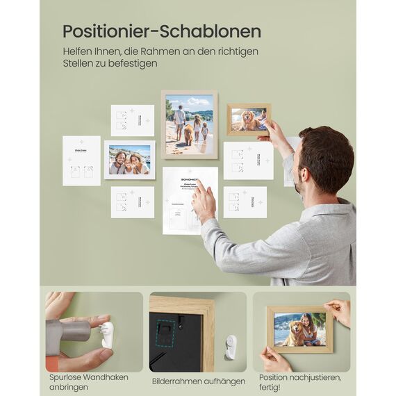 SONGMICS Bilderrahmen 10er Set, für 2 Fotos in 20 x 25 cm, 4 Fotos in 13 x 18 cm, 4 Fotos in 10 x 15 cm, Kunststoffscheibe, MDF, natureichenfarben, wolkenweiß, naturbeige RPF310K02
