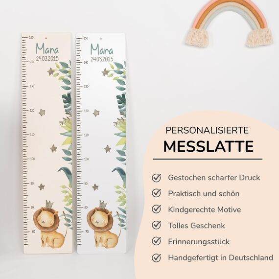 Kidsmood - Personalisierte Messlatte Kinder aus Holz – Hochwertige Messleiste & Wand-Deko für Baby- & Kinderzimmer mit abenteuerlichem Löwe – Tolles Taufgeschenk für Mädchen & Jungen - Skala 65-140cm
