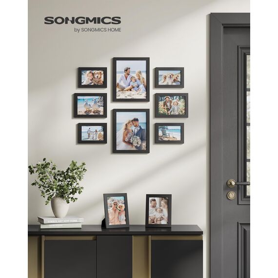 SONGMICS Bilderrahmen 10er Set, für 2 Fotos in 20 x 25 cm, 4 Fotos in 13 x 18 cm, 4 Fotos in 10 x 15 cm, Kunststoffscheibe, MDF, tintenschwarz RPF310H