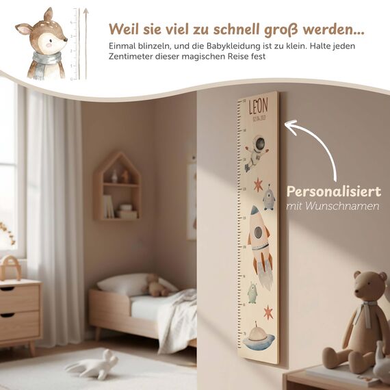 Kidsmood - Personalisierte Messlatte Kinder aus Aluverbund – Hochwertige Messleiste & Wand-Deko für Kinderzimmer mit abenteuerlichem Astronaut – Tolles Taufgeschenk für Mädchen & Jungen (65-140cm)