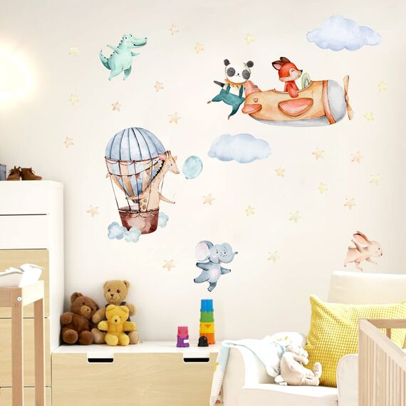 TOARTI Flugzeug Tier Wandtattoo,Lichtfarbe Babyzimmer Wandsticker,Wandaufkleber Kinderzimmer Tiere,104x30 cm (BxH),DIY Elefant Giraffe Panda Wandaufkleber für Junge Mädchen Schlafzimmer Wanddeko