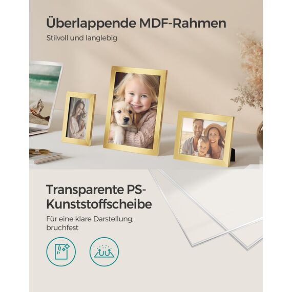 SONGMICS Bilderrahmen 10er Set, für 2 Fotos in 20 x 25 cm, 4 Fotos in 13 x 18 cm, 4 Fotos in 10 x 15 cm, Kunststoffscheibe, MDF, helles Gold RPF310A01