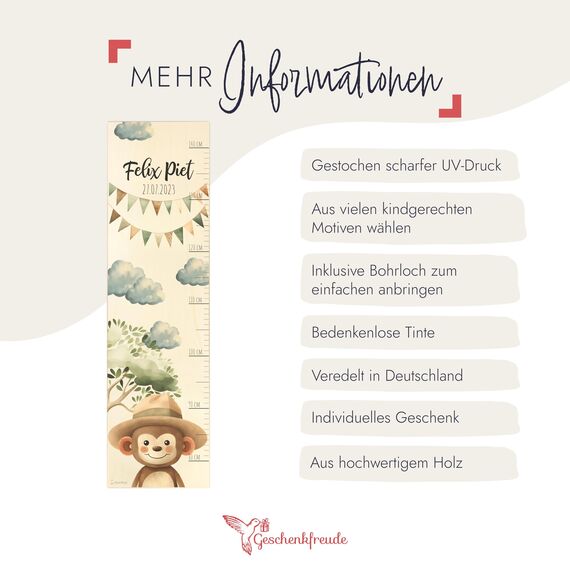 Geschenkfreude Messlatte Kinder personalisert 80-140cm - mit Affe als Dekoration fürs Kinderzimmer - personalisierte Messlatte Kinder Holz - tolles Kinder Geburt Geschenk