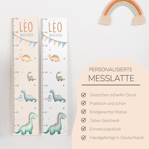 Kidsmood - Personalisierte Messlatte Kinder aus Holz – Hochwertige Messleiste & Wand-Deko für Baby- & Kinderzimmer mit abenteuerlichem Dinosaurier – Tolles Taufgeschenk für Mädchen & Jungen (65-140cm)