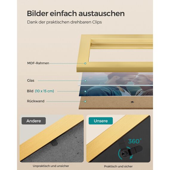 SONGMICS Bilderrahmen-Collage, 4 Fotorahmen für 10 x 15 cm Bilder, Fotocollage, Wandcollage, Multi-Rahmen, Wanddeko, helles Gold RPF025A01