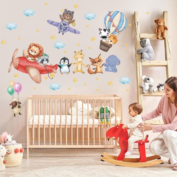 TOARTI Flugzeug Tier Wandtattoo Lichtfarbe Babyzimmer Wandsticker Mädchen Schlafzimmer Wanddeko Kinder Schlafzimmer Spielzimmer Wanddekoration DIY Löwe Elefant Tiere Wandaufkleber