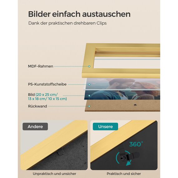 SONGMICS Bilderrahmen 10er Set, für 2 Fotos in 20 x 25 cm, 4 Fotos in 13 x 18 cm, 4 Fotos in 10 x 15 cm, Kunststoffscheibe, MDF, helles Gold RPF310A01