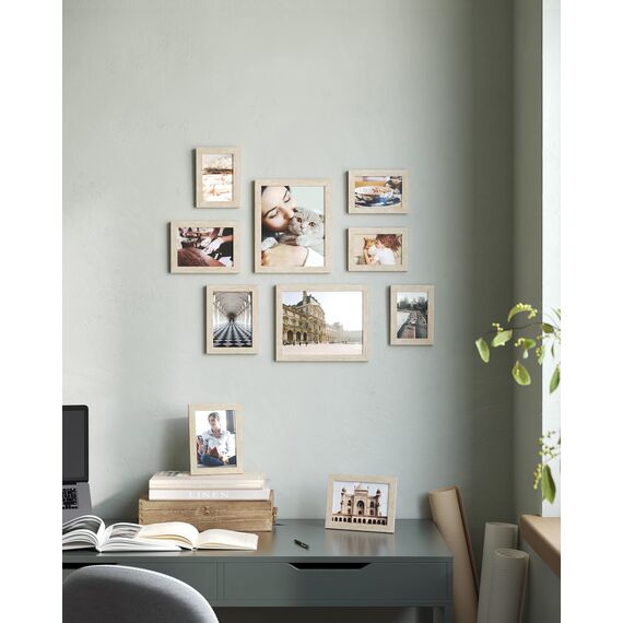 SONGMICS Bilderrahmen 10er Set, für 2 Fotos in 20 x 25 cm, 4 Fotos in 13 x 18 cm, 4 Fotos in 10 x 15 cm, Kunststoffscheibe, MDF, naturbeige RPF310N02