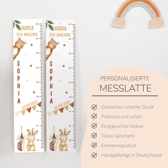Kidsmood - Personalisierte Messlatte Kinder aus Aluverbund – Hochwertige Messleiste & Wand-Deko für Kinderzimmer mit zauberhaftem Boho Tiere – Tolles Taufgeschenk für Mädchen & Jungen - (65-140cm)