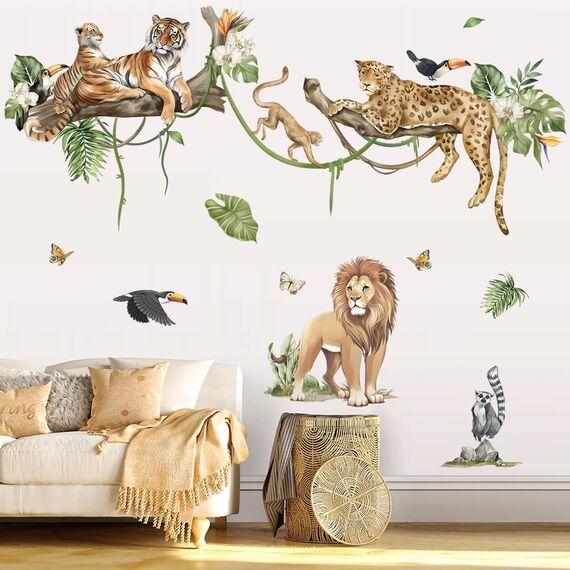 decalmile Wandtattoo Dschungel Tiere Baum Zweig Wandaufkleber Safari Löwe Leopard Tiger Wandsticker Kinderzimmer Babyzimmer Schlafzimmer Wanddeko (XXL)