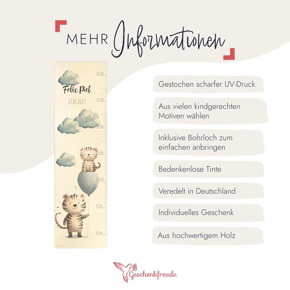 Geschenkfreude Messlatte Kinder personalisert 80-140cm - mit Tiger als Dekoration fürs Kinderzimmer - personalisierte Messlatte Kinder Holz - individuelles Geschenk zur Geburt Junge und Mädchen