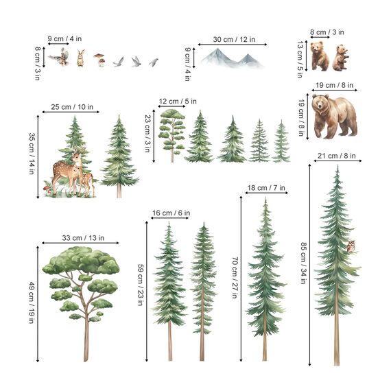 decalmile Wandtattoo Baum Groß Kiefer Wandaufkleber Waldtiere Baum Bär Hirsch Wandsticker Kinderzimmer Wohnzimmer Schlafzimmer Wanddeko
