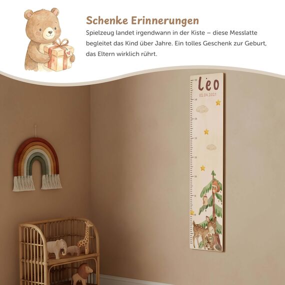 Kidsmood - Personalisierte Messlatte Kinder aus Aluverbund – Hochwertige Messleiste & Wand-Deko für Kinderzimmer mit liebevollem Reh im Wald – Tolles Taufgeschenk für Mädchen & Jungen (65-140cm)