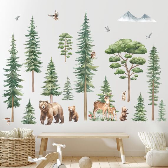 decalmile Wandtattoo Baum Groß Kiefer Wandaufkleber Waldtiere Baum Bär Hirsch Wandsticker Kinderzimmer Wohnzimmer Schlafzimmer Wanddeko