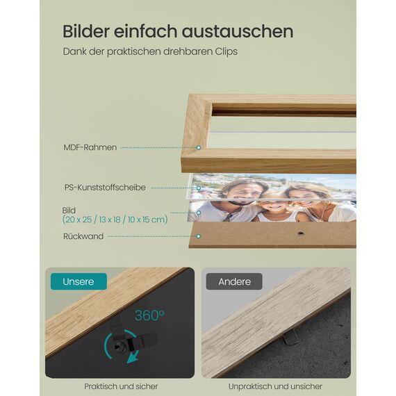 SONGMICS Bilderrahmen 10er Set, für 2 Fotos in 20 x 25 cm, 4 Fotos in 13 x 18 cm, 4 Fotos in 10 x 15 cm, Kunststoffscheibe, MDF, natureichenfarben, wolkenweiß, naturbeige RPF310K02