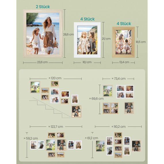 SONGMICS Bilderrahmen 10er Set, für 2 Fotos in 20 x 25 cm, 4 Fotos in 13 x 18 cm, 4 Fotos in 10 x 15 cm, Kunststoffscheibe, MDF, natureichenfarben, wolkenweiß, naturbeige RPF310K02