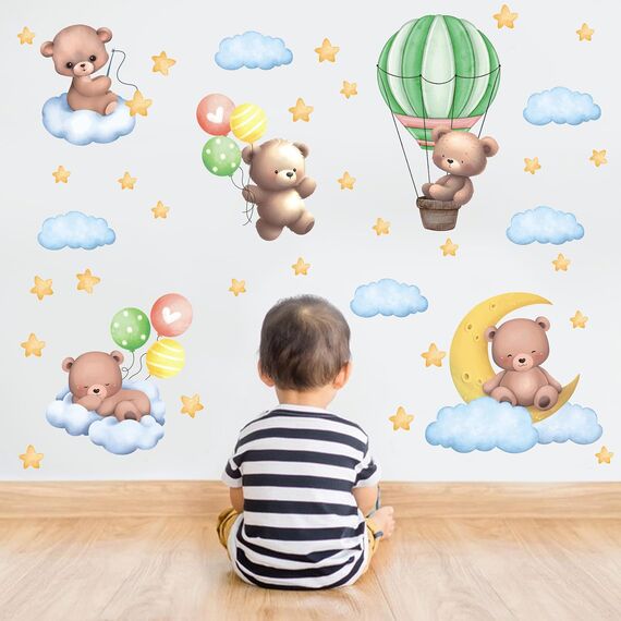 TOARTI Bär auf Mond Wandtattoo Tiere Wandaufkleber Heißluftballon Wolken und Sterne Wandsticker Lichtfarbe Babyzimmer Wanddeko Kinderzimmer Babyzimmer Schlafzimmer deko