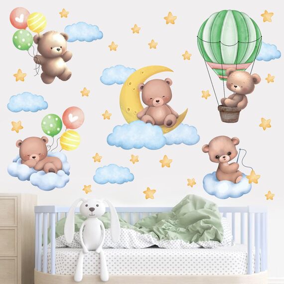 TOARTI Bär auf Mond Wandtattoo Tiere Wandaufkleber Heißluftballon Wolken und Sterne Wandsticker Lichtfarbe Babyzimmer Wanddeko Kinderzimmer Babyzimmer Schlafzimmer deko