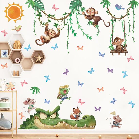 TOARTI Wandtattoo Dschungel Tiere Reben Wandaufkleber Affen Krokodil Safari Tiere Wandsticker Kinderzimmer Babyzimmer Schlafzimmer Wanddeko
