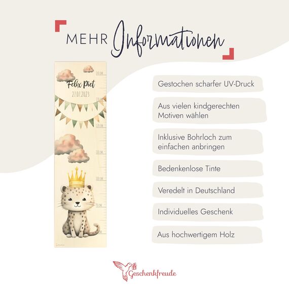 Geschenkfreude Messlatte Kinder personalisert 80-140cm - mit Leopard als Dekoration fürs Kinderzimmer - personalisierte Messlatte Kinder Holz - tolles Geschen Geburt