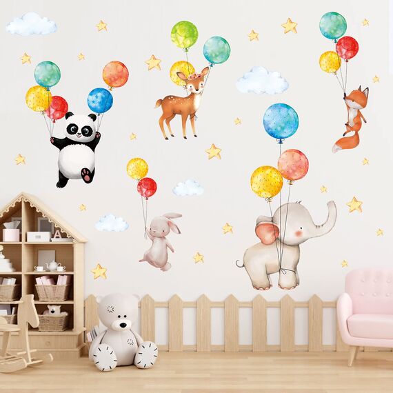 TOARTI 47 Stück Wandaufkleber Kinderzimmer Tiere, Aquarell Wandsticker Babyzimmer, Ballon Tier Wanddeko, DIY Fuchs Hase Deko für Junge Mädchen Schlafzimmer