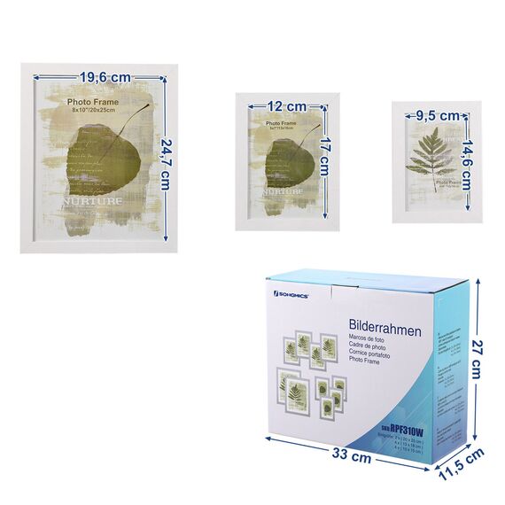 SONGMICS Bilderrahmen 10er Set, für 2 Fotos in 20 x 25 cm, 4 Fotos in 13 x 18 cm, 4 Fotos in 10 x 15 cm, Kunststoffscheibe, MDF, wolkenweiß RPF310W