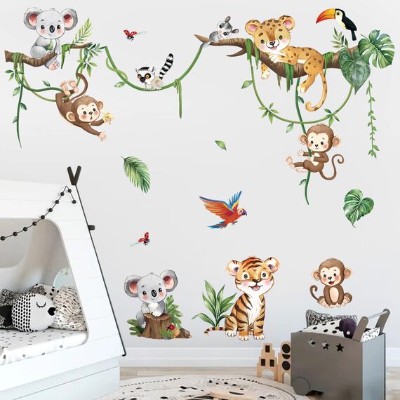 decalmile Wandtattoo Dschungel Tiere Baum Zweig Wandaufkleber Safari Tiere Affen Koala Wandsticker Kinderzimmer Babyzimmer Wohnzimmer Wanddeko