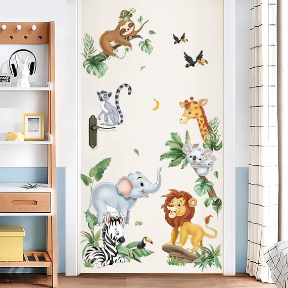 decalmile Wandtattoo Safari Dschungel Tiere Wandaufkleber Elefant Giraffe Löwe Türen Wandsticker Babyzimmer Kinderzimmer Schlafzimmer Türen Wanddeko