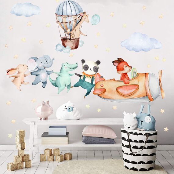 TOARTI Flugzeug Tier Wandtattoo,Lichtfarbe Babyzimmer Wandsticker,Wandaufkleber Kinderzimmer Tiere,104x30 cm (BxH),DIY Elefant Giraffe Panda Wandaufkleber für Junge Mädchen Schlafzimmer Wanddeko